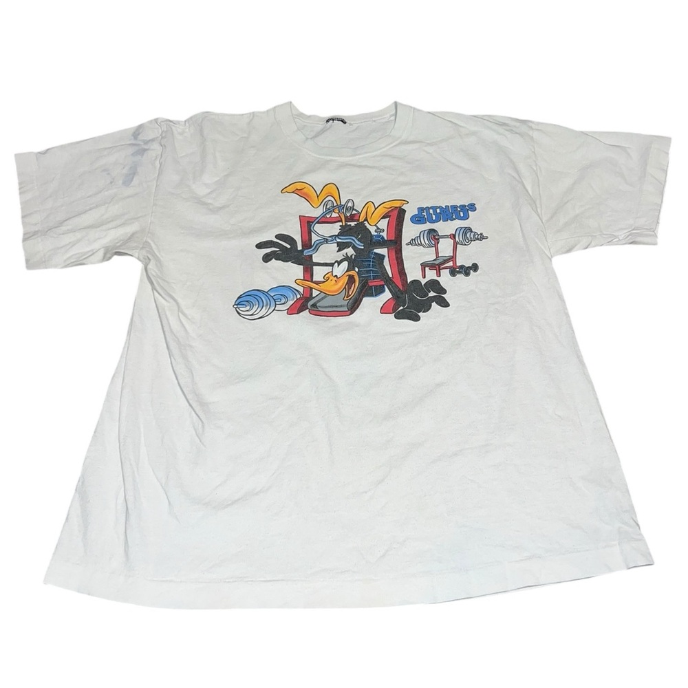VTG 90s Looney Tunes Daffy Duck Fitness Guru Gym Shirt Size Large STAIN!